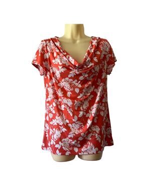 Carol Rose Coral and White Floral Print Knit Top Woman Size Medium Waterfall